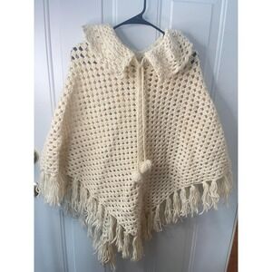 Vintage Handmade Cream Poncho w Fringe and Collar. Boho cottage Core Shawl